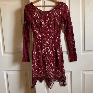 Cranberry colored lace mini dress